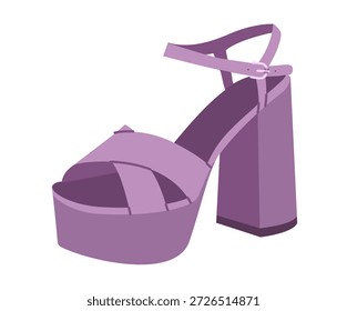 Zapato de sandalia de tacón de bloque de plataforma púrpura para mujer plana. Zapato de vestir de correa ancha para salir de noche, armario de moda. Ilustración técnica de la moda, maqueta del CAD, estilo vanguardista aislado unisex de los hombres del Vector liso.