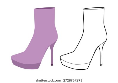 Bota de tacón de aguja de plataforma púrpura para mujer con línea plana plus. Plataforma atrevida con tacón puntiagudo que se reúne en invierno. Ilustración de moda técnica Maqueta CAD Vector mixto hombres unisex estilo chic aislado