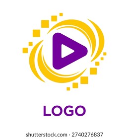 A purple play button logo with yellow swirls and squares