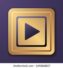 Purple Play in square icon isolated on purple background. Gold square button. Vector Illustration