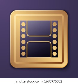Purple Play Video icon isolated on purple background. Film strip sign. Gold square button. Vector Illustration
