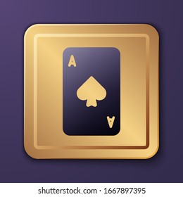Purple Playing card with spades symbol icon isolated on purple background. Casino gambling. Gold square button. Vector Illustration