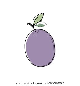 Purple plum with leaves, hand-drawn prunes isolated on a white background, vector. Illustration of a fruit outline with a colored spot in the background. Delicious label element, flat design