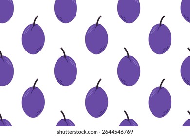 Purple plum seamless pattern. Suitable for food packaging, fruit branding, and summer harvest themes