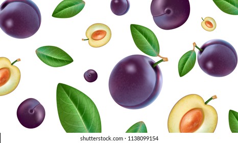 Purple Plums with Green Leaves on White Background, Fresh Fruit, Half Pieces, Whole and Split, Isolated Hand Drawn Realistic Vector 3D Illustration