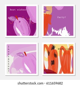 Purple plums and scribbles on orange.Hand drawn creative invitation greeting cards. Poster, placard, design templates. Anniversary, Birthday, wedding, party cards set of 4. Isolated on layer.