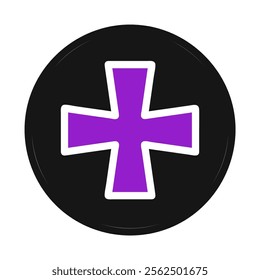 Purple plus sign in black circle. Concept of addition, positive, and healthcare.