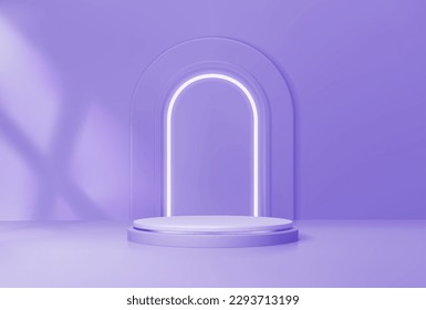 Purple podium with arch. Realistic platform or pedestal in studio for showcasing cosmetic items during presentations. Vector background with round stand mockup and shadow of window frame on the wall