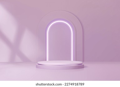 Purple podium with arch. Studio showroom empty platform, cosmetics product presentation mockup or exhibition gallery realistic 3d vector podium. Fashion showcase pedestal with purple neon illumination