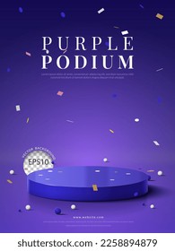 Purple podium with confetti on purple background, for product display, Vector illustration