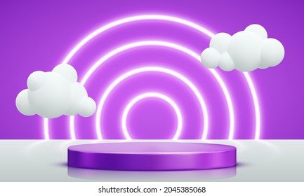 Lila-Podium mit Beleuchtung. Realistische violette Podest-Szene mit Wolken für Produkt, Werbung, Show, Preisverleihung, auf gelbem Hintergrund. Minimaler Stil. Vektorgrafik