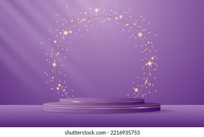 purple podium with elegant gold lines on the back for product presentation. Cosmetic product display. vector illustration
