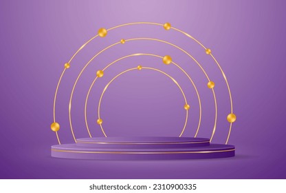 Purple podium with elegant gold lines on the back for product presentation. Cosmetic product display. stage or podium. vector illustration	