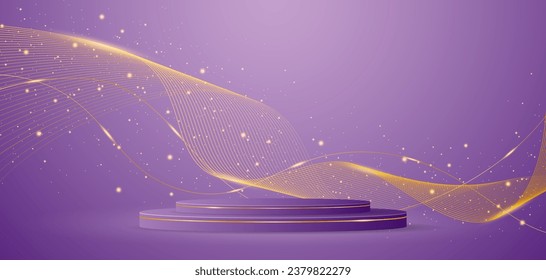 Purple podium with elegant gold wave lines on the back for product presentation. Display of cosmetic products. Stage or podium. vector illustration	