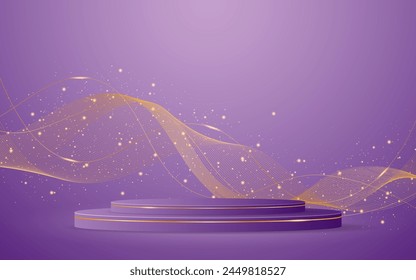 Purple podium with elegant gold wave lines on the back for product presentation. Display of cosmetic products. Stage or podium. vector illustration	