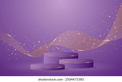 Purple podium with elegant gold wave lines on the back for advertisement display. Display of cosmetic products. Stage or podium. vector illustration	