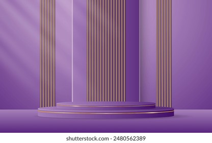 Purple podium with elegant golden lines with brown slatted backdrop for advertisement display. Display of cosmetic products. stage or podium. vector illustration	