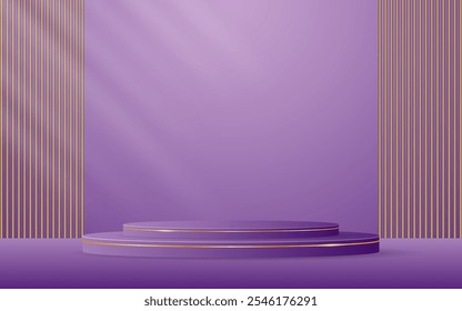 Pódio roxo com linhas douradas elegantes com fundo ripado marrom para exibição de anúncio. Exibição de produtos cosméticos. estágio ou pódio. ilustração vetorial	