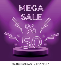 Purple podium with neon elements, 50 percent discount and mega sale lettering