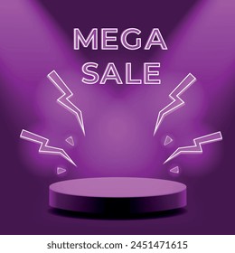 Purple podium with neon elements and mega sale inscription