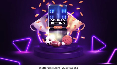 Purple podium with neon ring on background, smartphone, champion cups, falling gold coins and sport balls. Scene with purple neon triangles