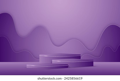 Podio púrpura con el papel púrpura cortado en la parte posterior para la presentación del producto. Exposición de productos cosméticos. Escenario o podio. ilustración vectorial	