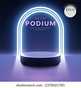 Purple podium stage stand product display with white neon light door studio shot on a black background. Vector illustration
