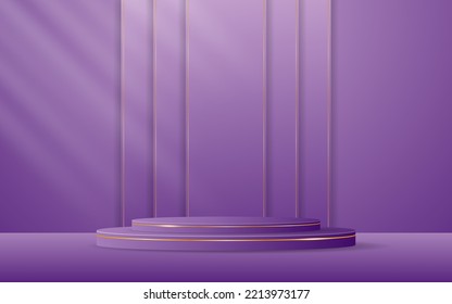 Purple podium with purple stripes with beautiful gold lines for product presentation. Cosmetic product display. vector illustration
