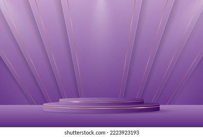 Purple podium with purple stripes with elegant gold lines on the back for product presentation. Cosmetic product display. vector illustration
