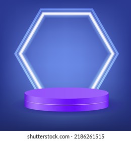 A purple podium with white neon, a blue backglow with a hexagonal neon cutout gives it a futuristic look