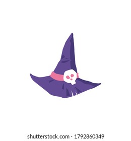 Purple pointed witch hat with skull decoration isolated on white background. Scary Halloween costume element in cartoon style, vector illustration.