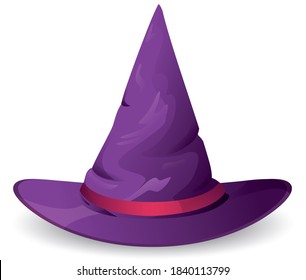 Purple and pointy witch hat, decorated with fuchsia band, isolated over white background.
