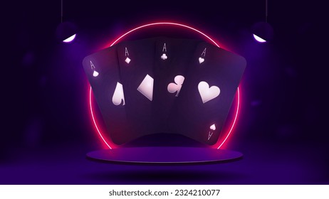 Lila Poker Karten auf einem glänzenden Podium mit einem hellen neonrosa Rahmen. Ein Poster für ein Casino.