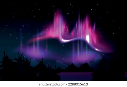 Purple polar lights illuminating night landscape with silhouettes of mountains and arctic coniferous trees realistic vector illustration