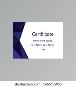 Purple polygonal certificate layout for educational courses and gift cards. E-learning state of accomplishment. A4/A5 standard size