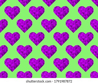 Purple polygonal hearts on a green background. Seamless pattern. Vector illustration for fabric design, print for textile, wrapping, wed design, packaging, etc. Other hearts patterns in my collection.