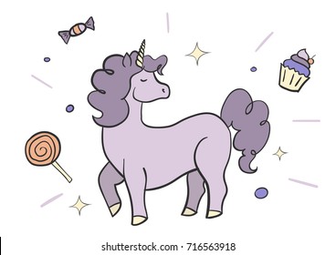Purple pony with different candies. Vector illustration.