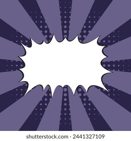 Purple Pop art. Comic book style. Abstract explosion. Base for website, print, base for sale banners, advertisment posts, business cards, brochure. Textbox for custom text. Halftone effect. Editable