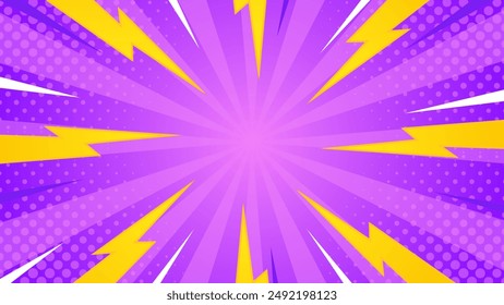 Fondo de efecto sunburst de cómic pop art morado con semitonos. Fondo abstracto del Vector de la historieta. Adecuado para Plantillas, Anuncios de ventas, eventos, anuncios, Web y páginas