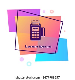 Purple POS terminal with inserted credit card and printed reciept icon isolated on white background. NFC payment concept. Color rectangle button. Vector Illustration