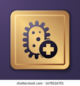 Purple Positive virus icon isolated on purple background. Corona virus 2019-nCoV. Bacteria and germs, cell cancer, microbe, fungi. Gold square button. Vector Illustration