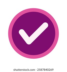 Purple positive vote round button with checkmark accept complete task badge vector illustration. Success confirmation logotype keypad agree approved check mark. Done checkbox. Tick button emoji icon.