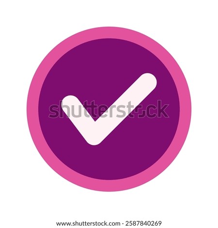 Purple positive vote round button with checkmark accept complete task badge vector illustration. Success confirmation logotype keypad agree approved check mark. Done checkbox. Tick button emoji icon.
