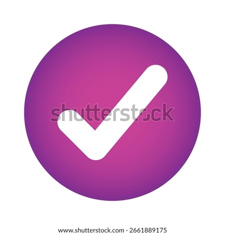 Purple positive vote round button with checkmark accept complete task badge vector illustration. Success confirmation logotype keypad agree approved check mark. Done checkbox. Tick button emoji icon.