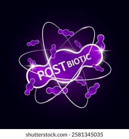 Purple postbiotic bacteria in silver atom molecule shine. Modern packaging badge logo on dark background. Good bacterial flora for stomach and intestine. For design product label. Vector EPS10.