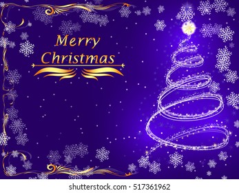 Purple postcard merry Christmas with a shining, glowing Christmas tree on the right, snow and falling snowflakes