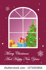 purple postcard with new year tree and gifts in window - vector greeting card for christmas holidays