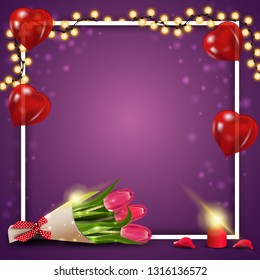 Purple postcard template for women's day with balloons in form of heart, garland, frame and tulip in a mug