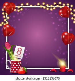 Purple postcard template for women's day with balloons in form of heart, garland, frame and tulip in a mug