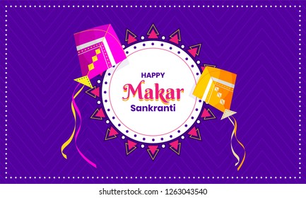 Purple poster or banner design with flying kites illustration for Makar Sankranti festival celebration.